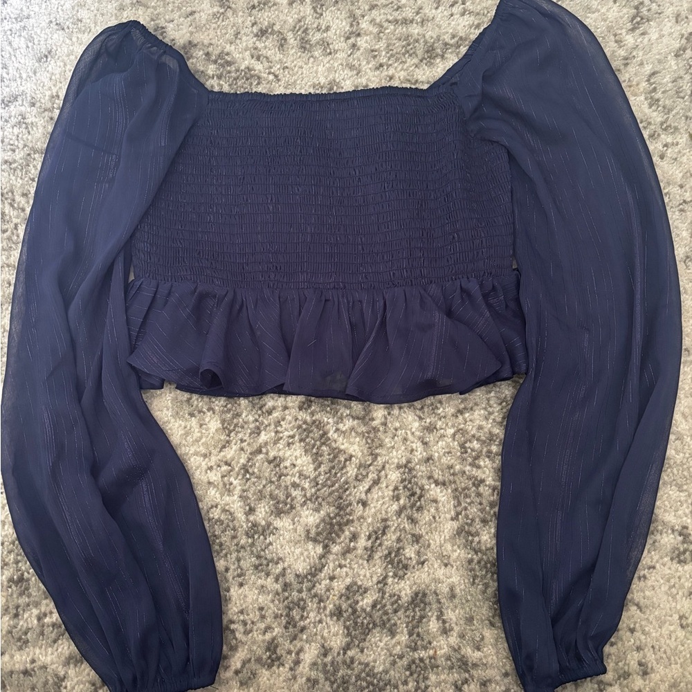 Urban Outfitters Navy Smocked Long Sleeve Sheer Blouse Ruffle Hem Size: Small - Picture 2 of 2